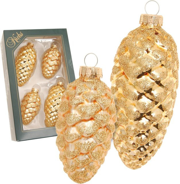 Krebs Glas Lauscha GmbH Christbaumschmuck Tannenzapfen aus Glas in Gold, 4 Stück, Durchmesser: 4 cm, Länge: 8 bis 10 cm - Bild 1
