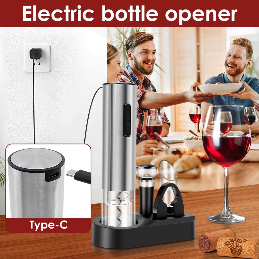 Venlohome Elektrisches Weinset mit Korkenzieher, Vakuumstopfen, Folienschneider und Weinausgießer in Weiß und Silber aus Edelstahl - Bild 5