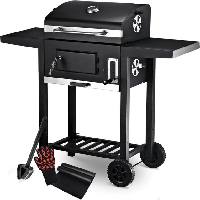 DELUKE Holzkohlegrill OLLI Standgrill mit Deckel und Grillwagen in Schwarz - Bild 1