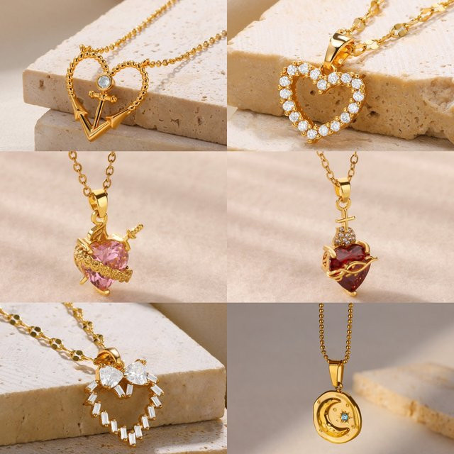 HPTOTMG Halskette, Herz-Anhänger, Gold, Zirkonia, Damen, Vintage - Bild 1