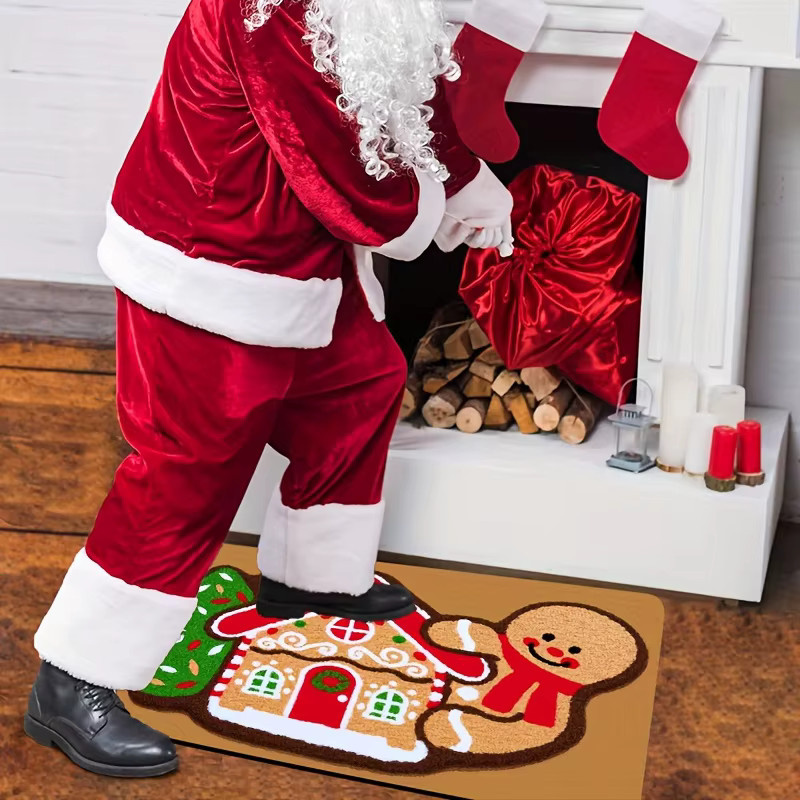 VIKAMA Bodenmatte mit Lebkuchenhaus-Aufdruck, rutschfester und saugfähiger Willkommensteppich für weihnachtliche Dekoration - Bild 2