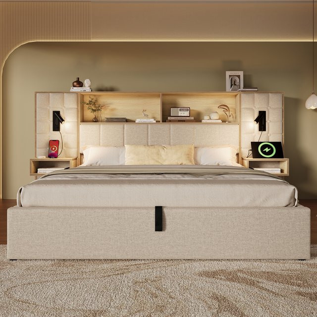 KOMHTOM Leinen-Systempolsterbett mit Stauraum, LED-Beleuchtung, 2 Leselampen, 2 integrierten Nachttischen und USB-Typ-C-Ladeport, Farbe: Beige oder Grün, B/T/H: 180 x 200 cm - Bild 1