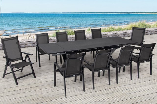 OUTFLEXX Garten-Essgruppe aus Aluminium und Keramik in Anthrazit mit ausziehbarem Tisch, 2 Klappstühlen und 8 Stapelsesseln - Bild 1