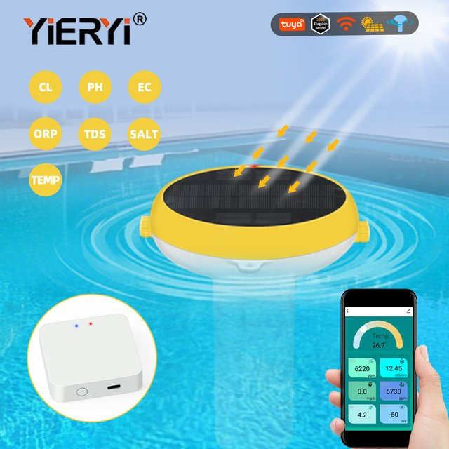 Yieryi Smart Pool Chlormonitor WiFi 7-in-1 Digitaler Solar Schwimmender Wassertester für pH, Chlor, Salz, Temperatur, TDS und EC in Weiß - Bild 1