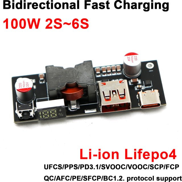 DYKBmetered PD3.1 100W Bidirektionales Schnell-Ladegerät Powerbank-Platine mit Boost-Buck Funktion für 2S bis 6S Li-Ion und LiFePO4 Batterien in Schwarz - Bild 1