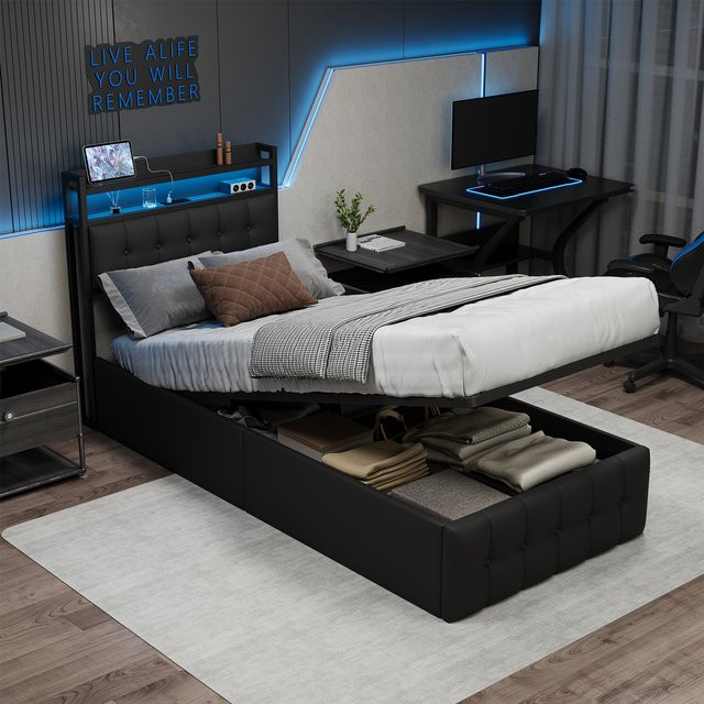 Anajqaqia Polsterbett mit hydraulischem Stauraum und Kopfteil mit Regal, Einzelbett in Schwarz, B/T: 90 x 200 cm - Bild 1