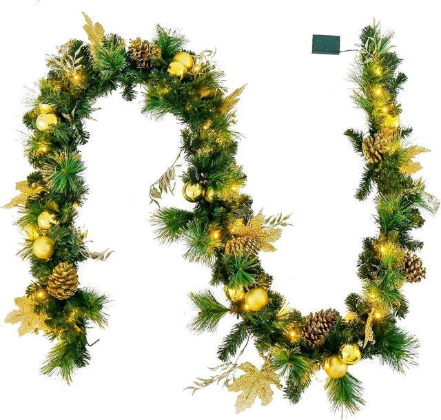 Costway Weihnachtsgirlande mit 50 warmweißen LEDs und goldenen Kugeln, Länge: 270 cm, Grün/Gold - Bild 1