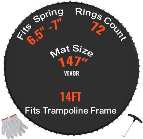 VEVOR Ersatz-Trampolinmatte für runde Trampoline mit 426 cm Durchmesser, UV-beständige Sprungmatte in Schwarz inklusive Federwerkzeug und V-Ringen, passend für Federlängen von 16,5 bis 17,8 cm - Bild 1