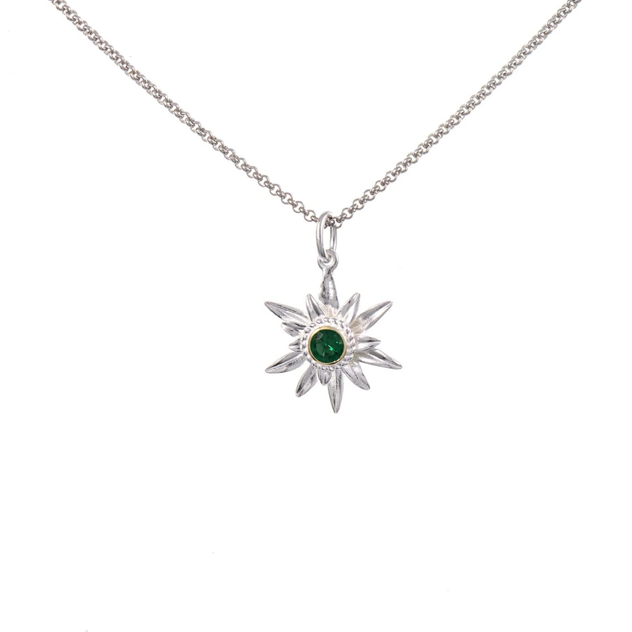 Anhänger Edelweiss mit Kette, 925 Silber, teilvergoldet, Zirkonia grün - Bild 1