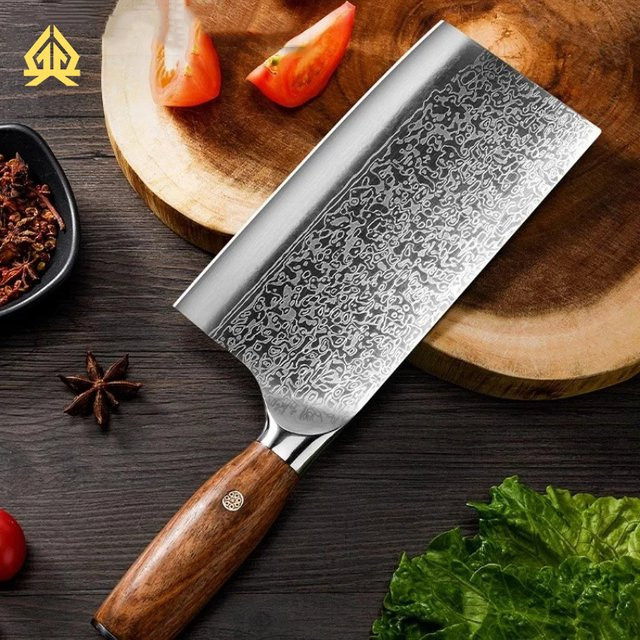 PLYS Damast Stahl Küchenmesser Cleaver mit Holzgriff in Silber - Bild 1
