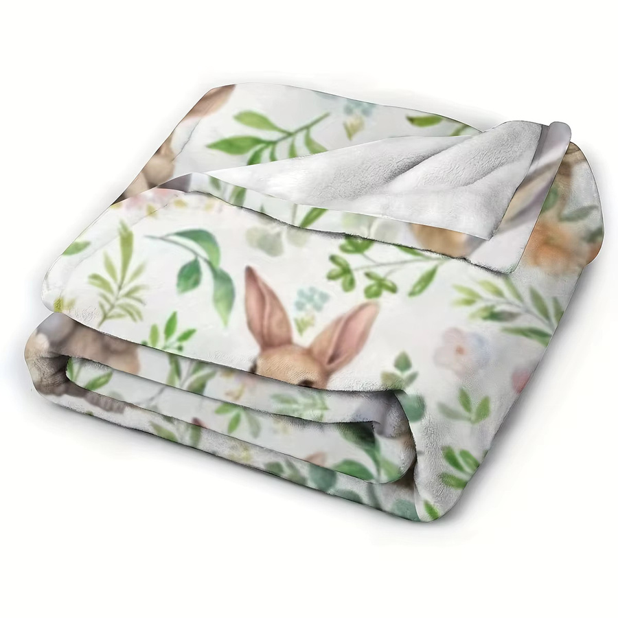 VIKAMA Überwurfdecke aus Flanell mit Hasenmotiv und Blumenprint in Multicolour, B/T: 90 x 60 cm - Bild 2