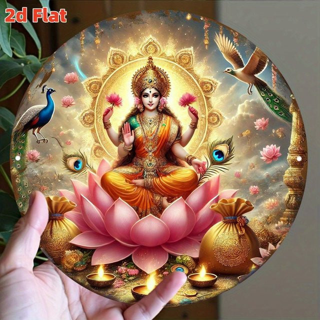 Wandkunst Lakshmi Göttin des Reichtums und Wohlstands mit Lotus- und Pfau-Motiven von Potdemiel - Bild 1