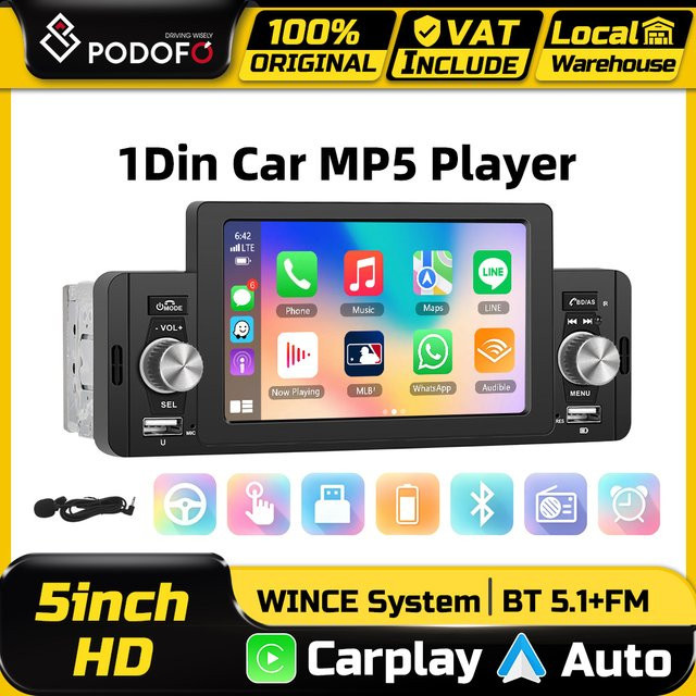 Podofo 1 DIN Multimedia Autoradio mit 5 Zoll Display, CarPlay, Android Auto, Bluetooth und FM, Schwarz - Bild 1