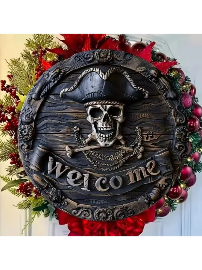 Potdemiel Piraten-Schädel Willkommensschild für Halloween, rundes Dekoschild aus Kunststoff, Durchmesser: 20 cm - Bild 4
