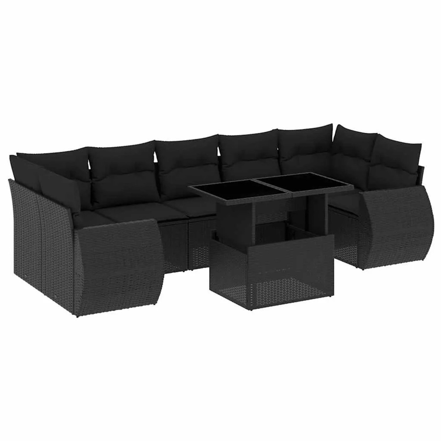 vidaXL 8-teilige Garten-Sofagarnitur in L-Form aus schwarzem Poly-Rattan mit Kissen und pulverbeschichtetem Stahlgestell - Bild 2