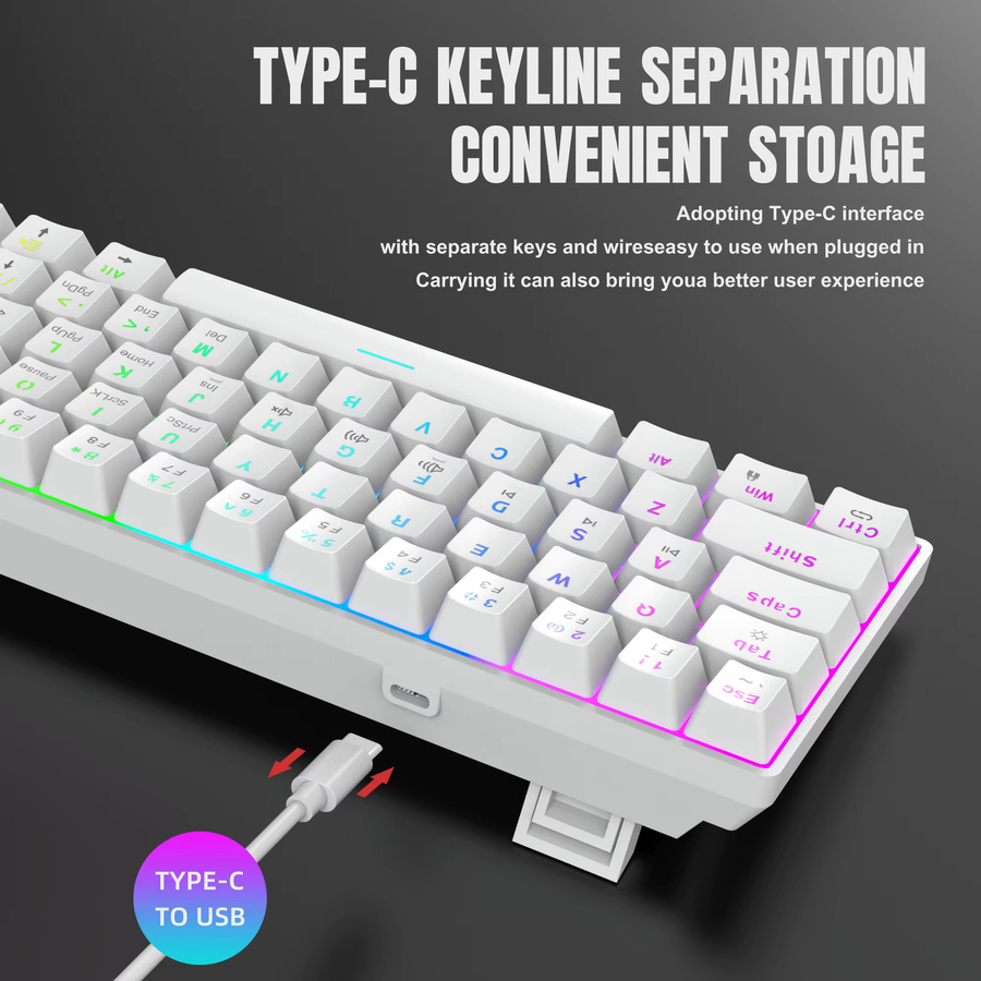 HXSJ Mini Mechanische Gaming-Tastatur mit 61 Tasten, RGB-Beleuchtung, Roten Schaltern und Hot-Swap-Funktion, USB-C, Schwarz/Weiß - Bild 4
