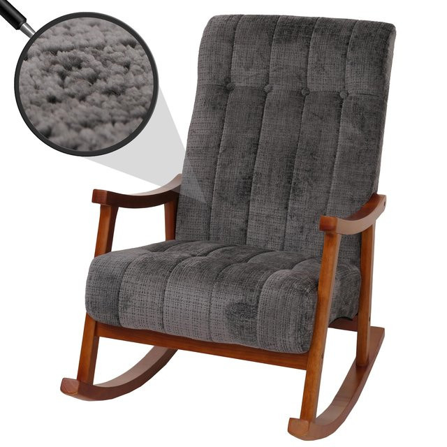 Schaukelstuhl MCW-K10 Relaxsessel mit Chenille-Stoffbezug in Dunkelgrau und Gestell in Walnuss-Optik - Bild 1