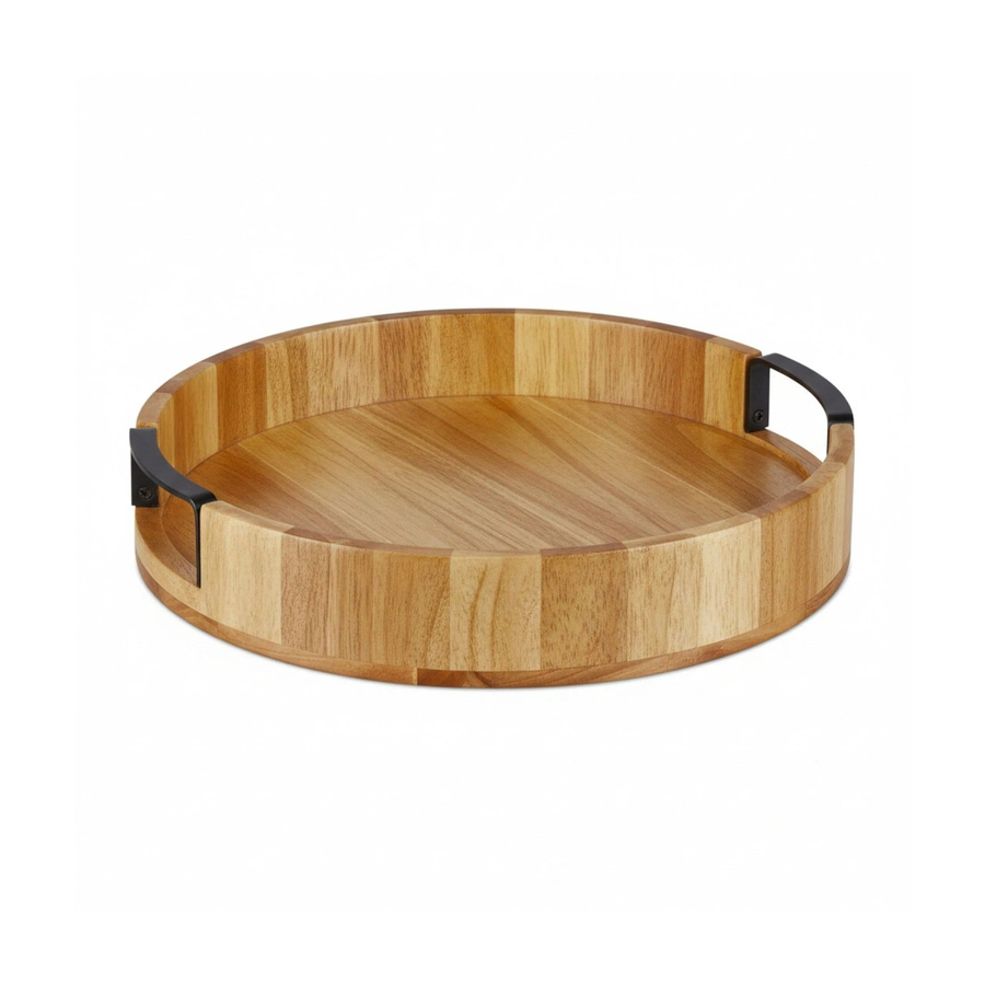 Relaxdays Tablett Rund aus Mangoholz und Eisen in Natur und Schwarz mit Griffen, Durchmesser: 35 cm, Höhe: 7,5 cm - Bild 2