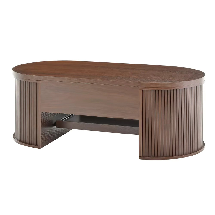 PINGGO Hebbarer Couchtisch in Braun mit gebogenen Holzseiten und ausziehbarer Ablage, ovaler Wohnzimmertisch mit Lift-Mechanismus im modernen Design - Bild 2