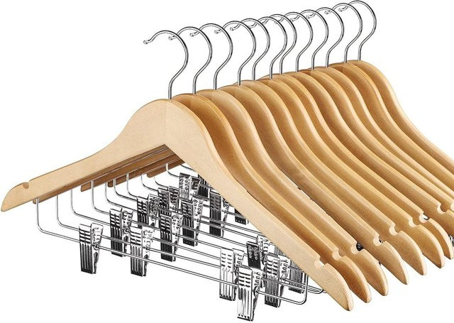 12er-Pack hochwertige Anzugbügel aus massivem Holz mit Clips und drehbarem Haken in Beige - Bild 1