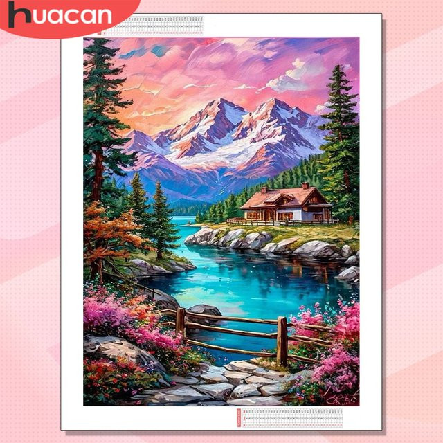 HUACAN Diamantmalerei Berglandschaft mit See und Fluss als Diamantstickerei in Multicolour, B/H: 30 x 20 cm - Bild 1
