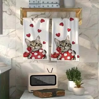2er-Pack moderne Küchentücher aus Polyester mit Cartoon-Kätzchen-Herz-Design, super saugfähig und maschinenwaschbar, Mehrfarbig, B/H: 40 x 60 cm - Bild 4