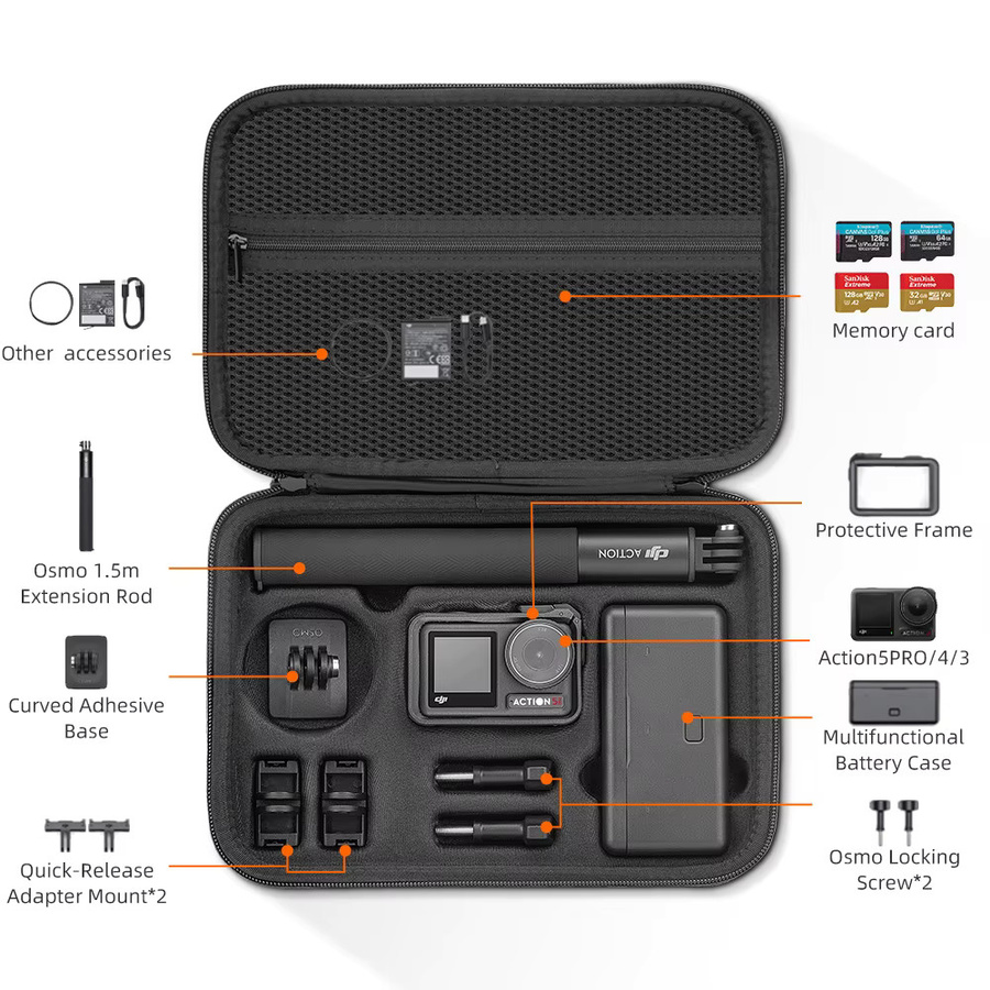 XFJI Tragbare Aufbewahrungstasche für DJI OSMO Action 5 PRO, 4 und 3 inklusive Ladegerät, Akku-Basis und Selfie-Stick in Schwarz - Bild 2