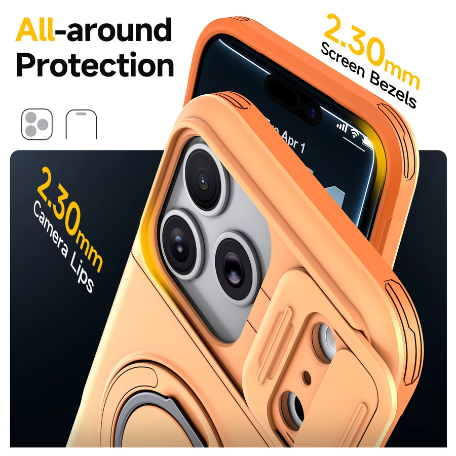 MAYLDUU Schutzhülle für iPhone 17, 16, 15, 14, 13, 12 Pro Max Plus mit Kameraabdeckung, magnetischem Ringhalter und Kartenfach in Grau und Orange - Bild 4