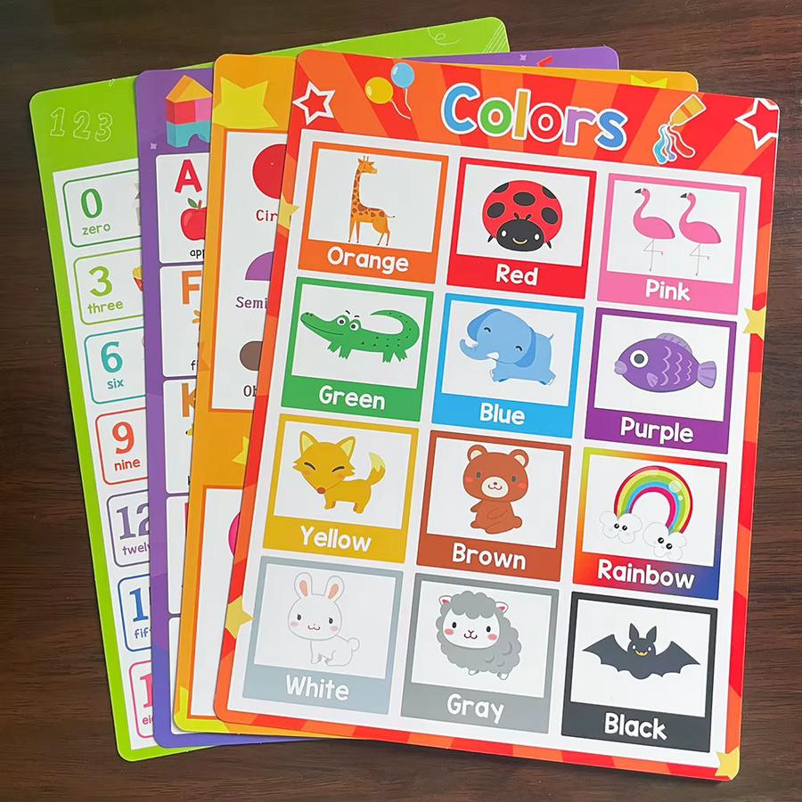 20er Set Lernposter für Kinder in A4 mit englischen Begriffen zu Tieren, Obst, Emotionen, Zahlen und Wortschatz, mehrfarbig - Bild 2