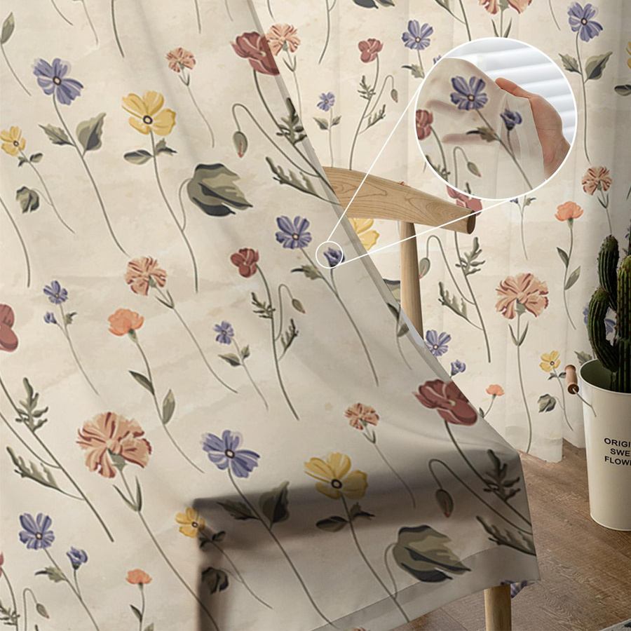 Transparente Voile-Gardine mit floralem Wildblumen-Muster in Multicolour, Tüll-Vorhang aus Organza für Wohnzimmer und Küche, Breite: 135 cm, Höhe: 137 cm - Bild 2