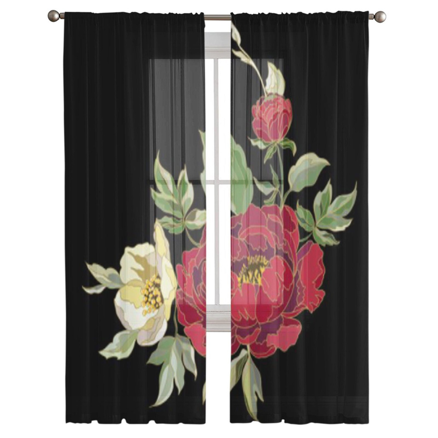 Transparenter Tüll-Fenstervorhang mit roten Pfingstrosenblüten von Super Six in Schwarz und Grau, Breite: 135 cm, Höhe: 114 cm - Bild 4