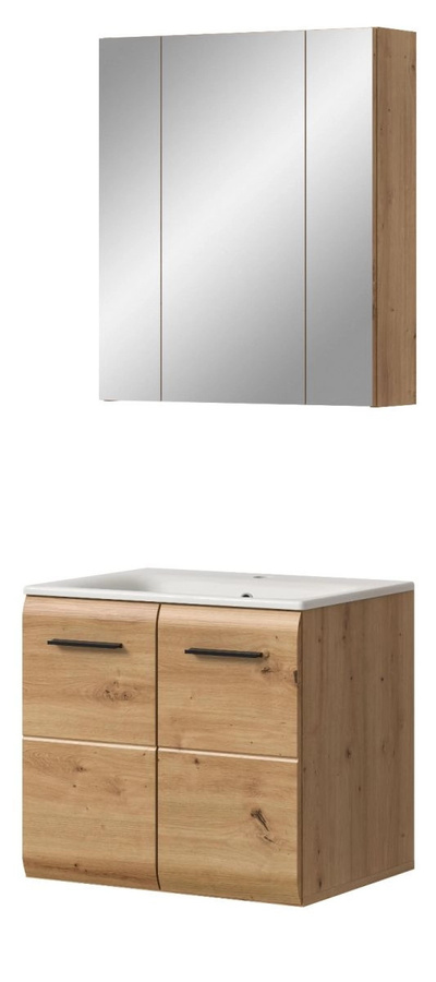 Badmöbel Set Cover von Inn.Furn in Eiche, 2-teilig, mit Waschtischunterschrank und Spiegelschrank mit LED-Beleuchtung, Braun Matt, Breite: 60 cm - Bild 2