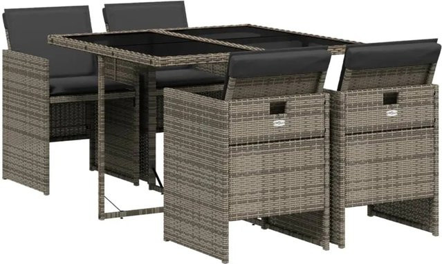 vidaXL 5-teilige Garten-Essgruppe aus Poly-Rattan in Grau mit Kissen und Hartglas-Tischplatte - Bild 1