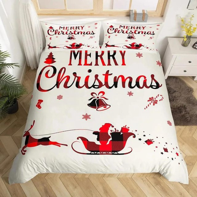 Lodestar Bettwäsche-Set Frohe Weihnachten in Rot kariert mit Truck, Elch und Schneeflocken, B/H: 70 x 133 cm - Bild 1