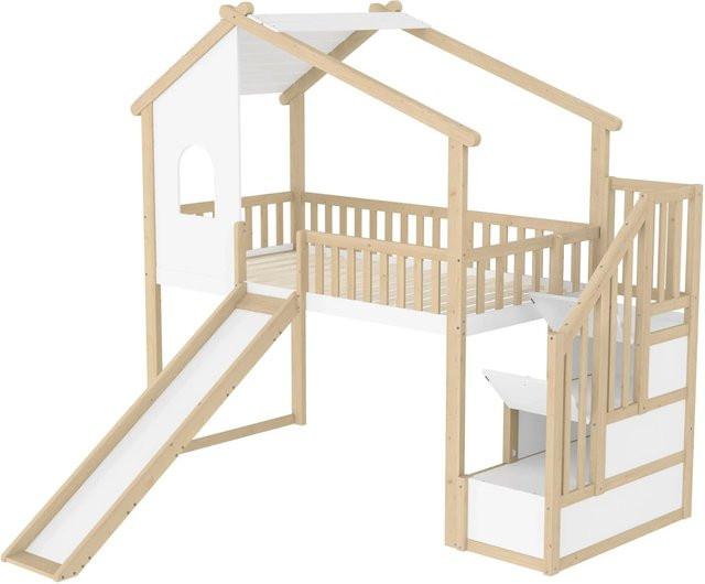 okwish Hochbett für Kinder mit Rutsche und Treppe in Natur und Weiß, B/T/H: 200 x 90 x 120 cm - Bild 1