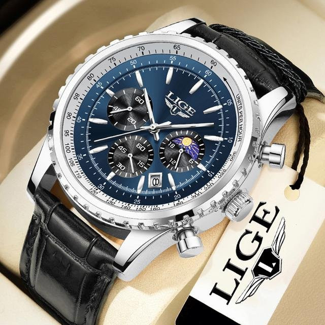 LIGE Armbanduhr, Quarz, Chronograph, Edelstahl, 46 mm, Herren, blau/silber - Bild 1