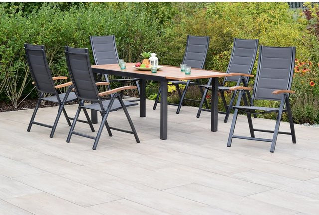 Merxx Gartenmöbelset Paxos 7-teilig aus Aluminium und Textil in Anthrazit und Grau mit Klappsesseln und Ausziehtisch - Bild 1
