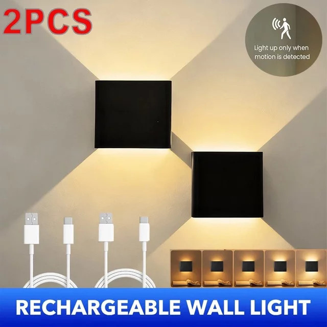 2er-Set UMEXUS Kabellose Würfel-LED-Wandleuchten in Schwarz mit Auf- und Abwärtslicht, Wiederaufladbar, PIR-Bewegungssensor, Stufenlose Dimmung und Warmweißem Licht für Flur und Veranda - Bild 1