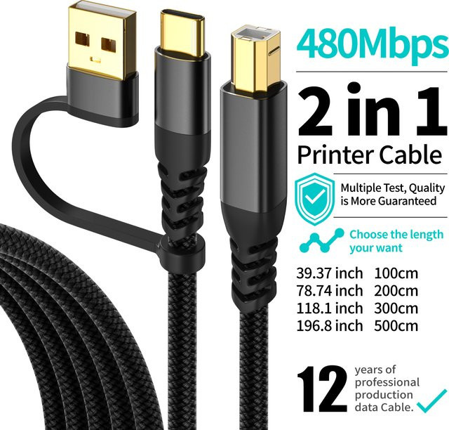 LAIHONEN USB-A auf USB-C zu USB-B 2.0 Kabel in Schwarz für Drucker und Scanner - Bild 1