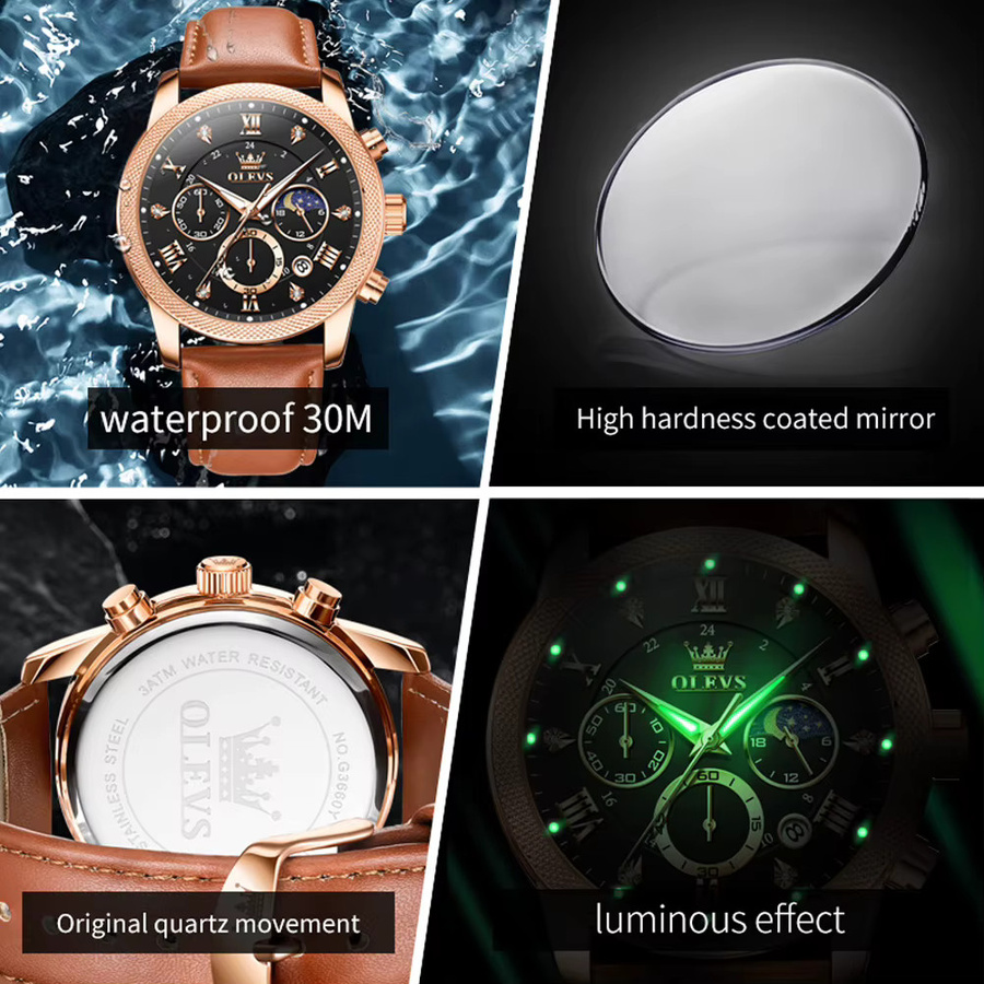 OLEVS Chronograph, Quarz, Edelstahl, Bicolor, Leder, Schwarz, Herren - Bild 4