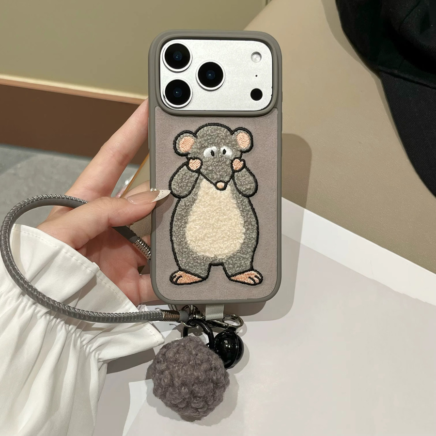 JINHR Cartoon Plüsch Handyhülle mit Wise-Maus Stickerei, Handschlaufe, Glocke und Trageband für iPhone 17 16 15 14 13 Pro Max, Grau/Silber - Bild 3