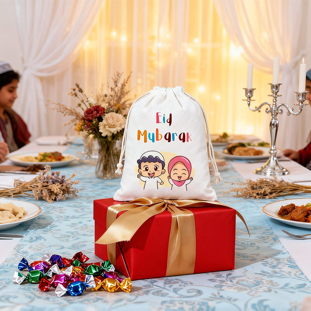 3 Stück Eid Mubarak Geschenktüten aus Baumwolle für Kinder in Weiß, B: 20 cm, H: 30 cm - Bild 1