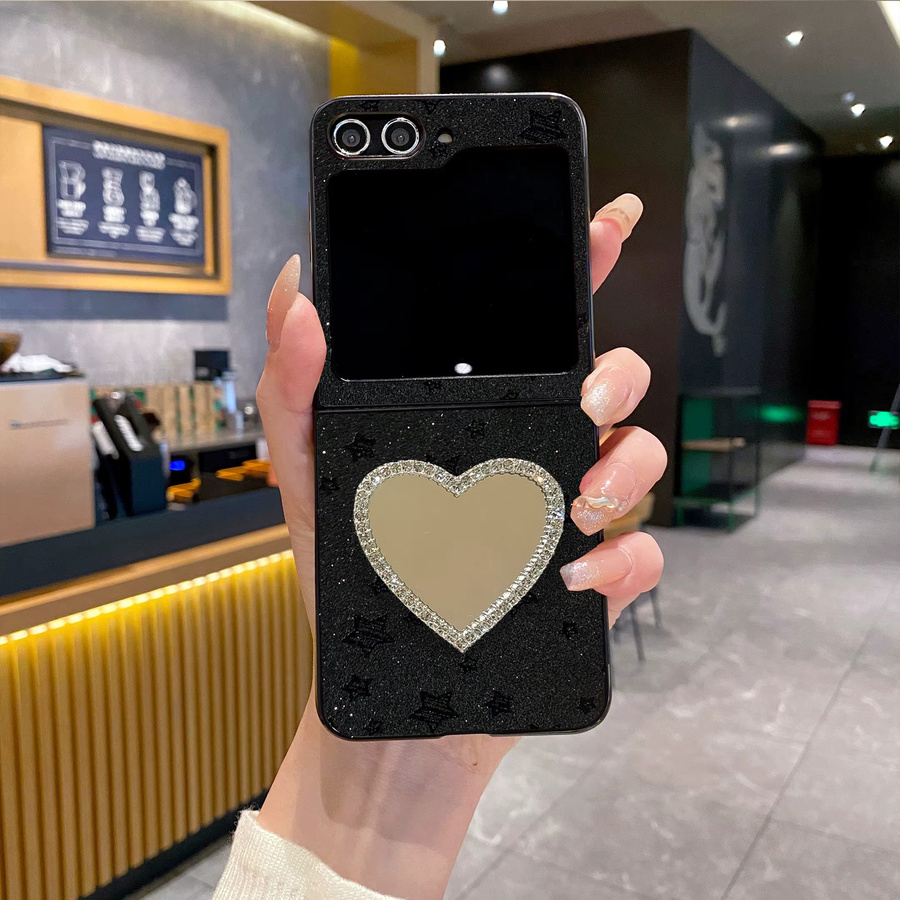 Luxuriöse Samsung Handyhülle mit Sternen und Liebesherz-Spiegel in Weiß für Galaxy Z Flip 8, 7, 7 FE, 6, 5, 4, Flip 3 5G Hartschale - Bild 2