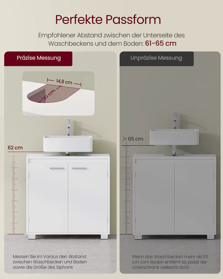 VASAGLE Waschbeckenunterschrank Badezimmerschrank in Weiß mit 2 Fächern und Türen - Bild 2