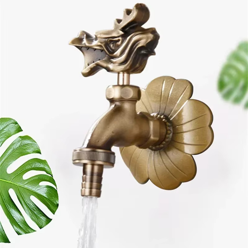 ZGRK Wandwasserhahn aus Messing in Antik-Optik mit Schnitzereien, Gold/Brushed Brass, ideal für Garten, Waschmaschine und Außenbereich - Bild 4