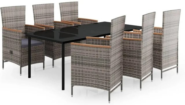vidaXL 7-teilige Garten-Essgruppe aus PE-Rattan und Akazienholz in Grau mit Glastisch - Bild 1
