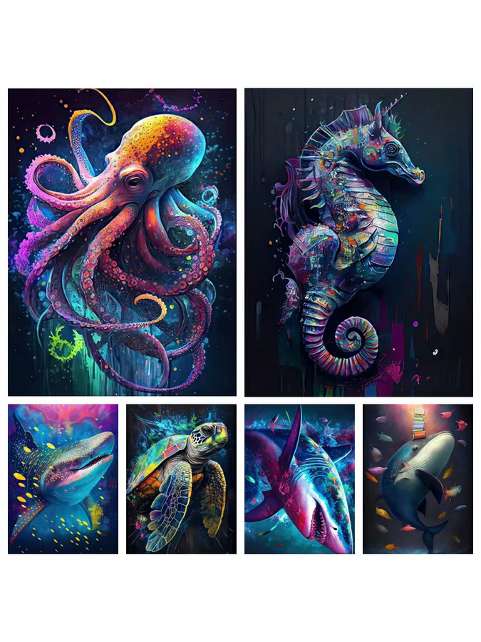 YUTTEE DIY Diamantmalerei Mosaik Stickerei Set Ozean Wildleben mit Hai, Seepferdchen, Oktopus und Schildkröte in Multicolor als Wandkunst - Bild 3