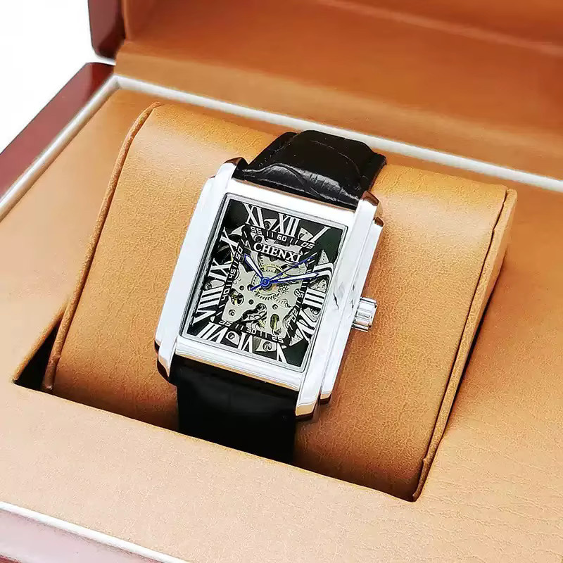 CHENXI Armbanduhr, Automatik, eckig, Edelstahl, Leder, Schwarz, Herren - Bild 4