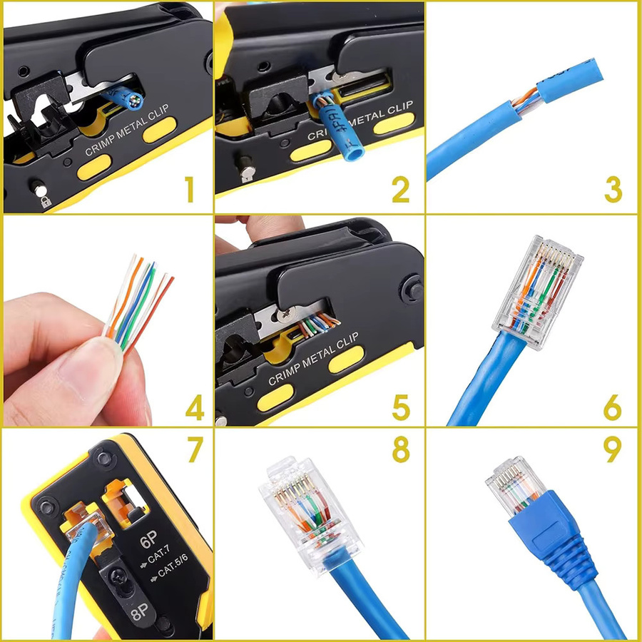 WOZOBUY RJ45 Pass Through Crimpzange All-in-One Drahtwerkzeug mit Stripper und Cutter für Cat7 Cat6 Cat5e Ethernet Modularstecker in Silber - Bild 4