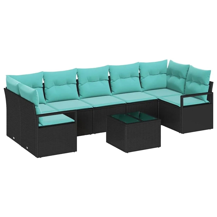 vidaXL 8-teiliges Lounge-Sofa Set aus Poly-Rattan in Schwarz und Türkis mit wetterfesten Polstern und Metallgestell - Bild 2